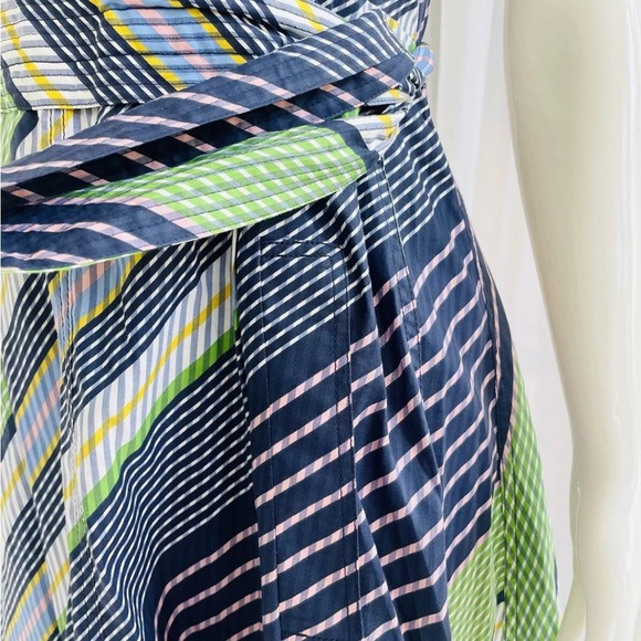 Tory Burch Dress Overprinted Blue Green Stripes Sleeveless Wrap Midi Size 0 - Picture 3 of 10